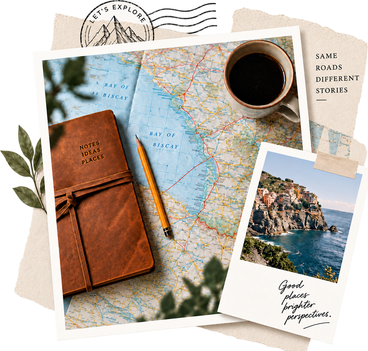 A travel scrapbook with a map, coffee, leather notebook and coastal Polaroid.